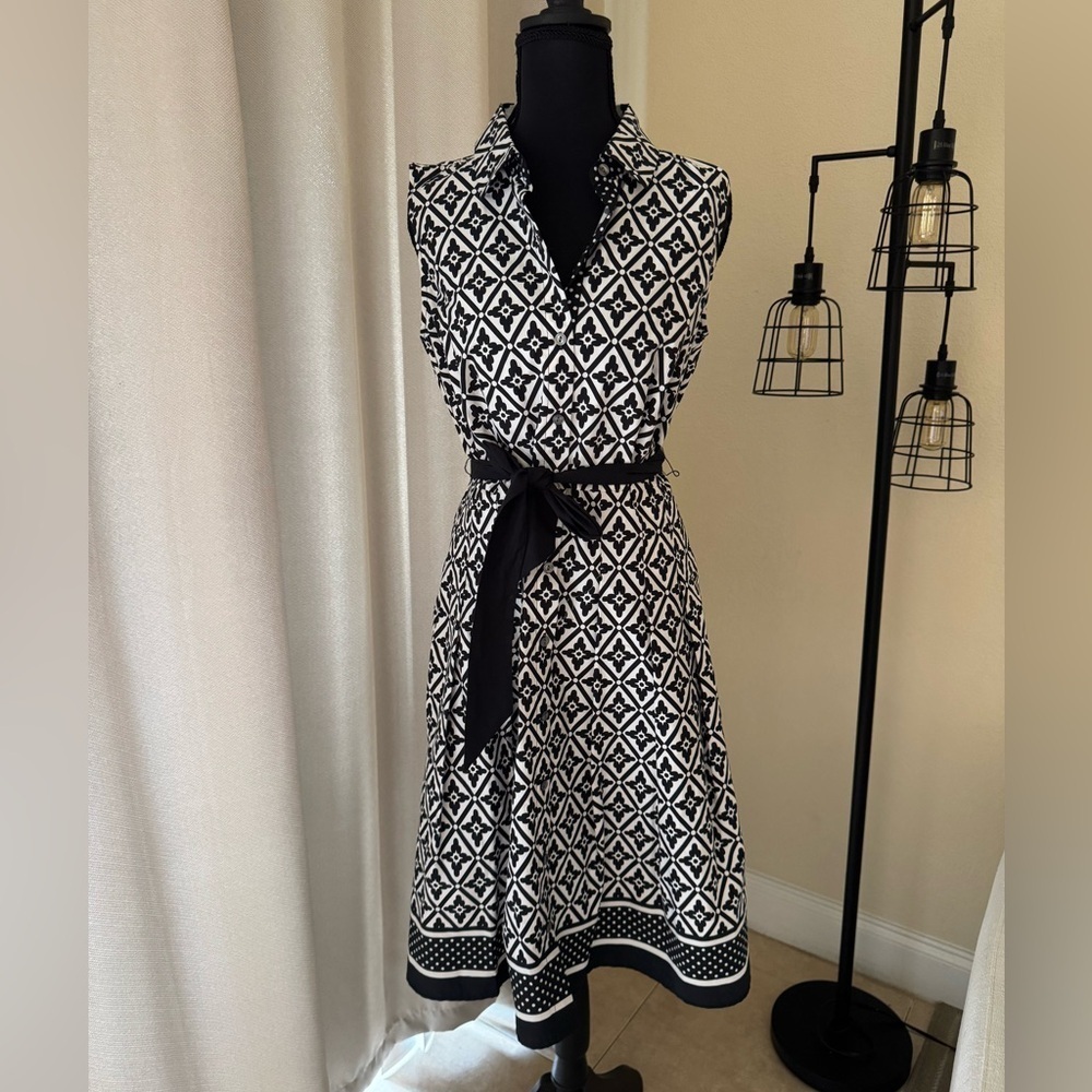 Talbots Black White Geometric Midi Dress Fit Flare Size 2 NWT - Picture 2 of 7